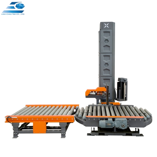 MÁY QUẤN MÀNG PALLET BÀN XOAY TỰ ĐỘNG TRÊN BĂNG TẢI 